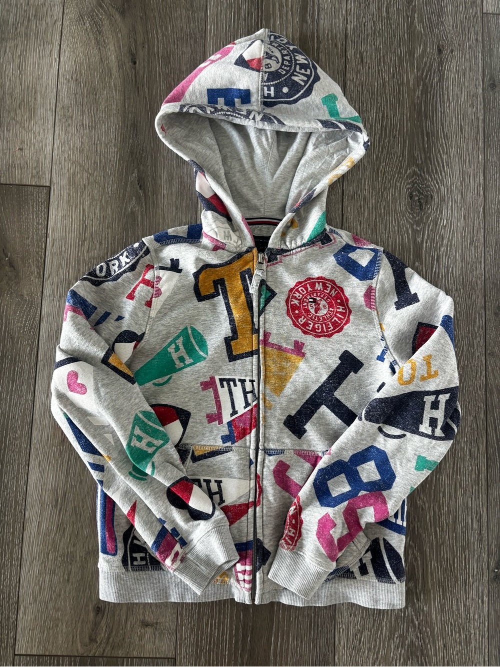 Tommy Hilfiger Gray Hoodie with Multicolor Lettering, size 12-14